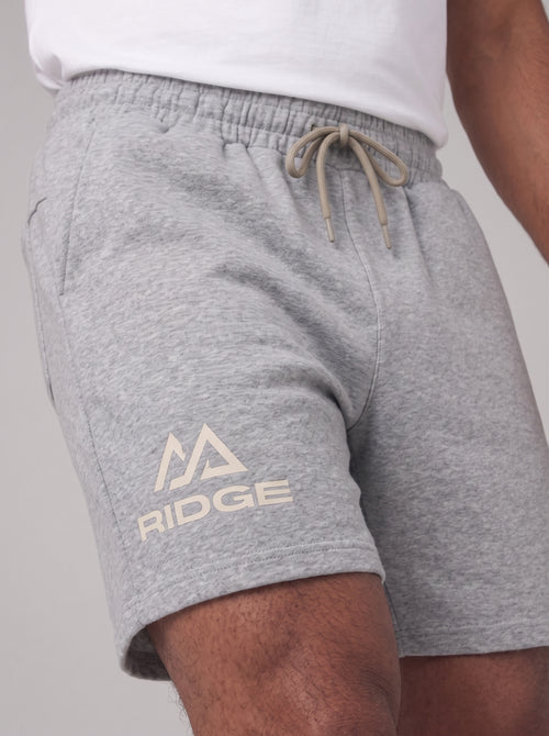 Close view of the Flower Gray RIDGE Training Short showing the RIDGE lockup printed at the thigh and the elasticated drawcord waistband